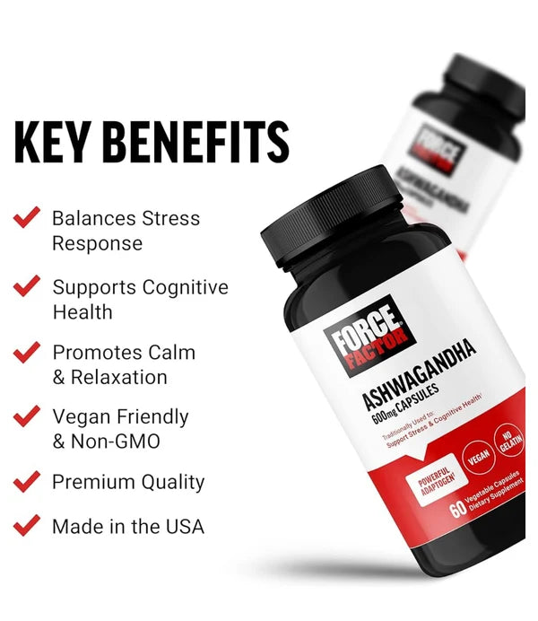 FORCE FACTOR Ashwagandha 600mg | Adaptogen for Stress Support & Cognitive Health | Promotes Calm & Relaxation | 60 Capsules; Exp 03/2028
