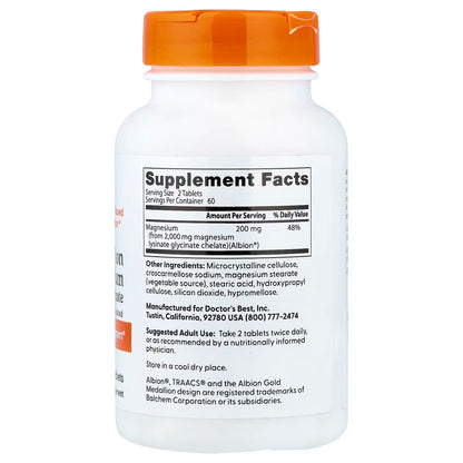 Doctor's Best High Absorption Magnesium Glycinate || Muscle relaxation & restful sleep ||120 Tablets ||100 mg per Tablet || 60 Servings || Exp: 01/2028