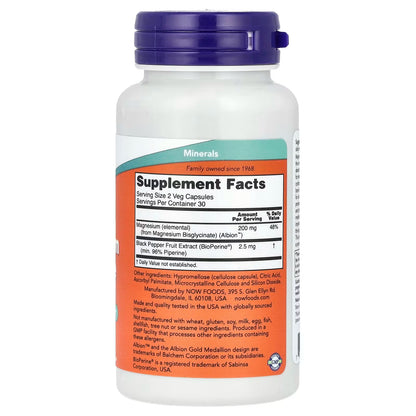 NOW Magnesium Glycinate With BioPerine®|| 100 mg per Tablet|| 60 Tablets ||30 servings || Exp: 03/2028
