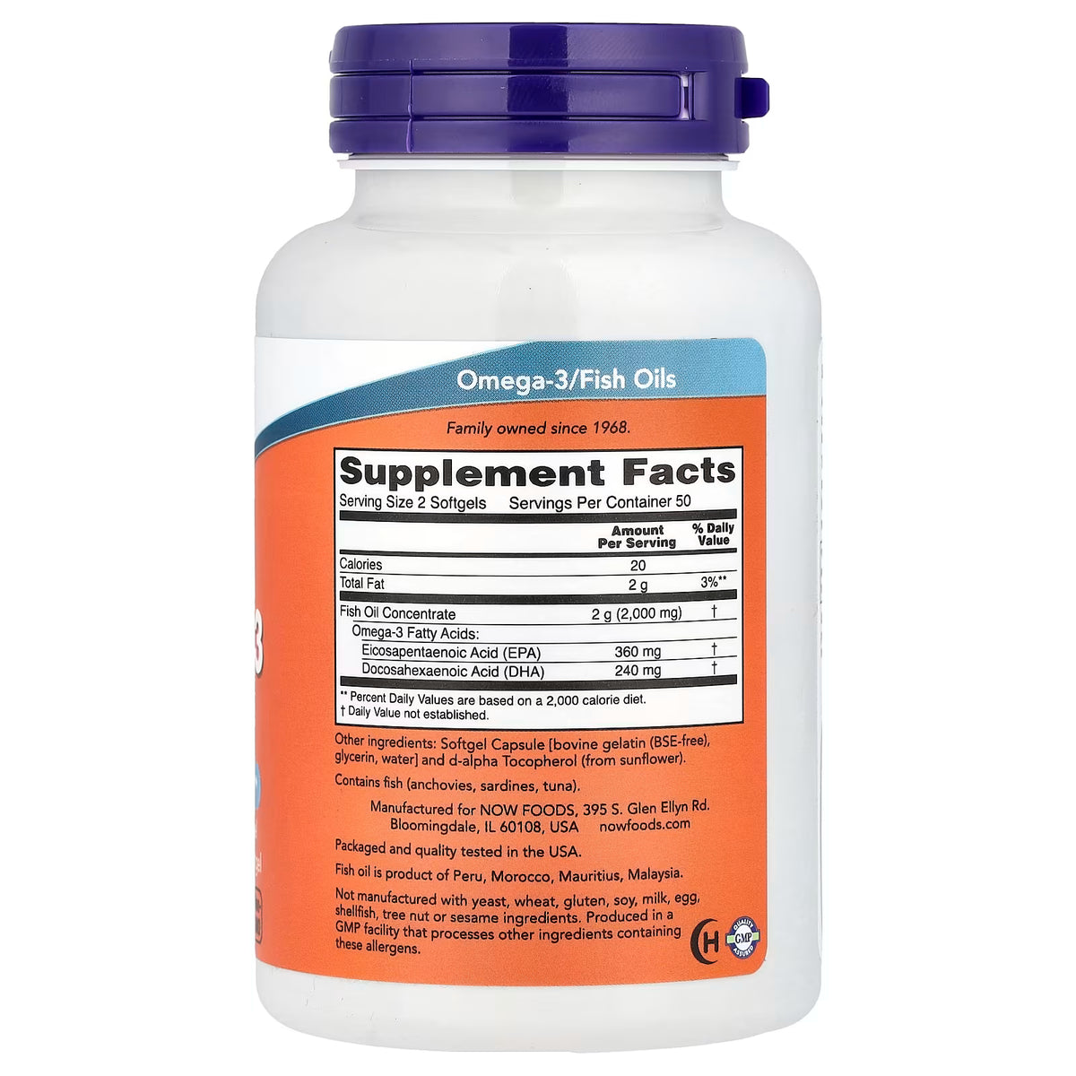 NOW Omega-3 Fish Oil || 180EPA+120DHA|| 1,000mg Fish Oil per Softgel || 100 Softgels || 50 Servings || Exp: 06/2030