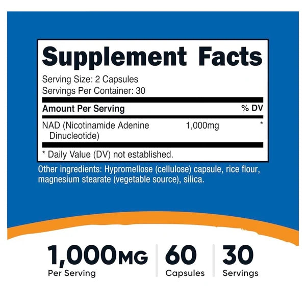 Nutricost NAD+ 1000mg Nicotinamide Adenine Dinucleotide | Promotes Healthy Cellular Metabolism & Energy Production | Helps Fight General Fatigue & Promotes Longevity | 60 Capsules; Exp 04/2029