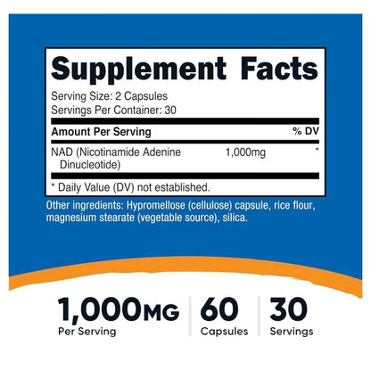 Nutricost NAD+ 1000mg Nicotinamide Adenine Dinucleotide | Promotes Healthy Cellular Metabolism & Energy Production | Helps Fight General Fatigue & Promotes Longevity | 60 Capsules; Exp 04/2029